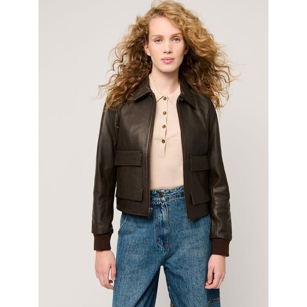OVERLAND Women's Tracy Leather A-2 Bomber Jacket Size S In Brown/Cream